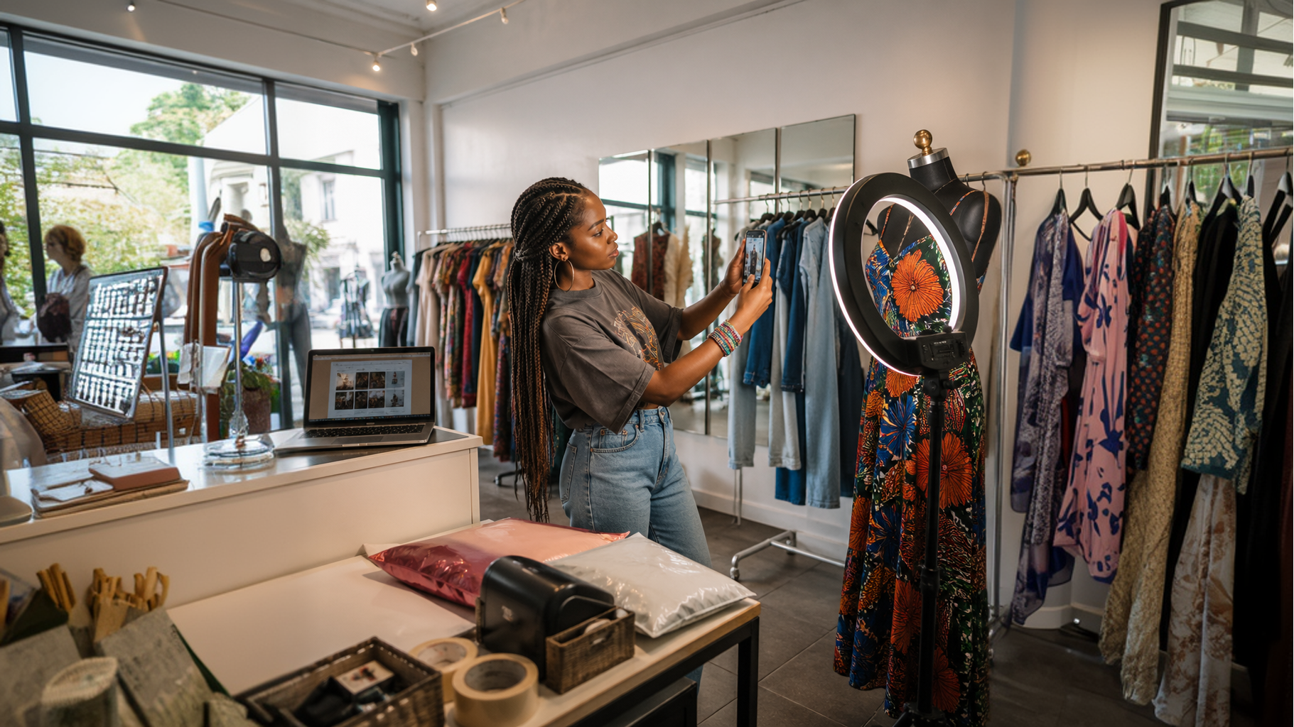 A Nigerian fashion vendor showing colourful fabrics in her boutique