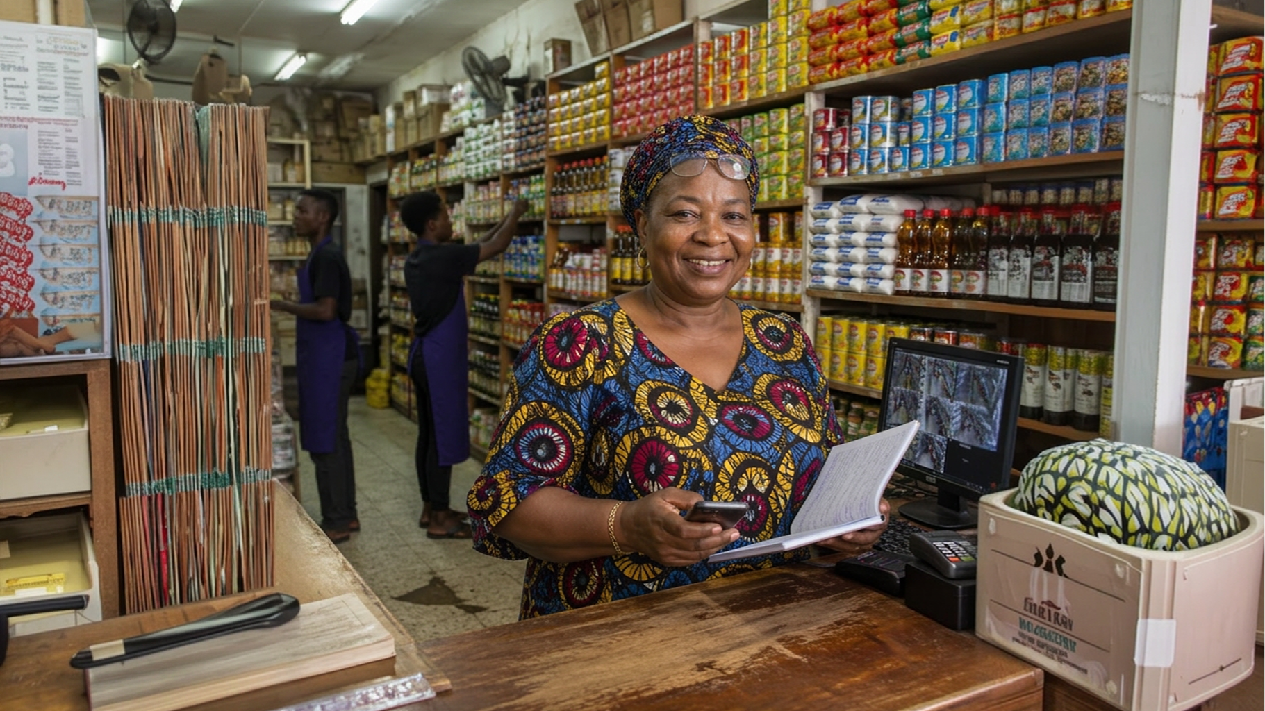 A Nigerian supermarket owner standing behind the counter, using SyncSalez on her phone