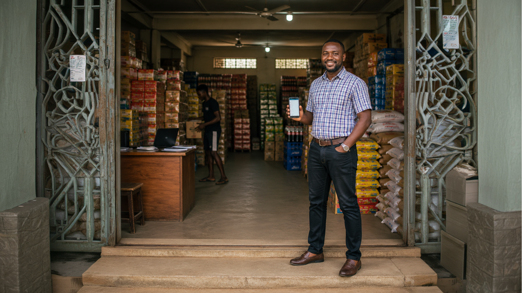 A Nigerian wholesaler at a distribution warehouse, using SyncSalez to manage inventory