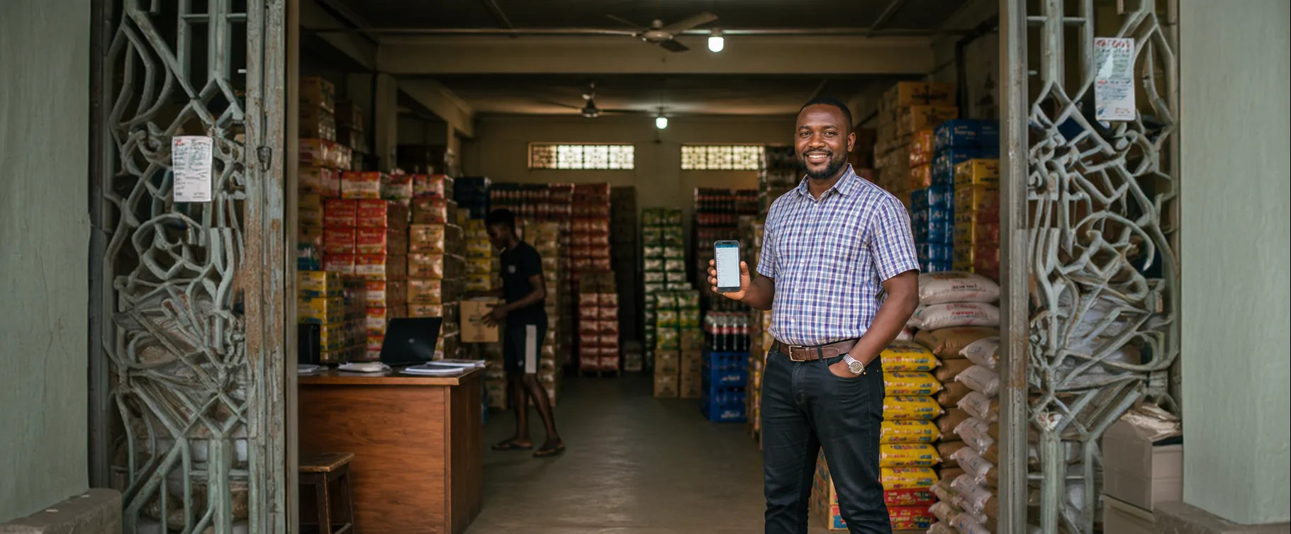 A Nigerian wholesaler at a distribution warehouse, using SyncSalez to manage inventory